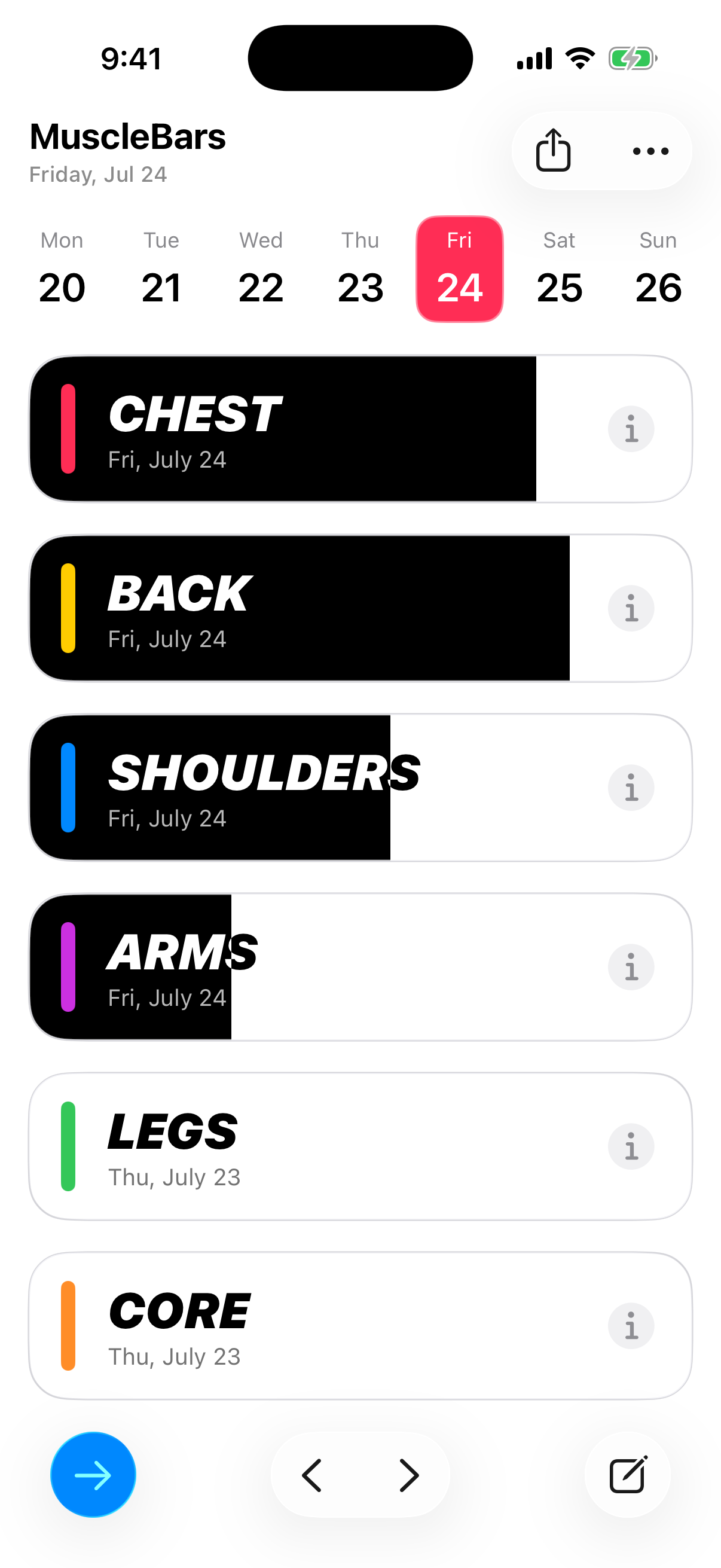 MuscleBars daily muscle group overview in light mode