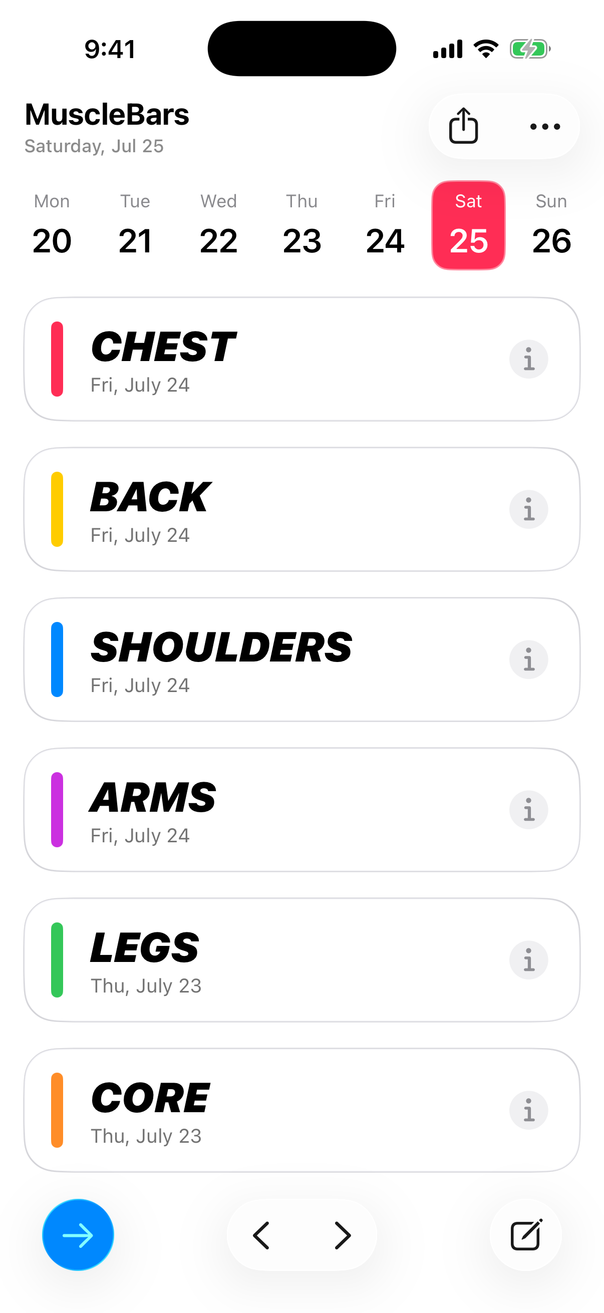 MuscleBars rest day overview in light mode
