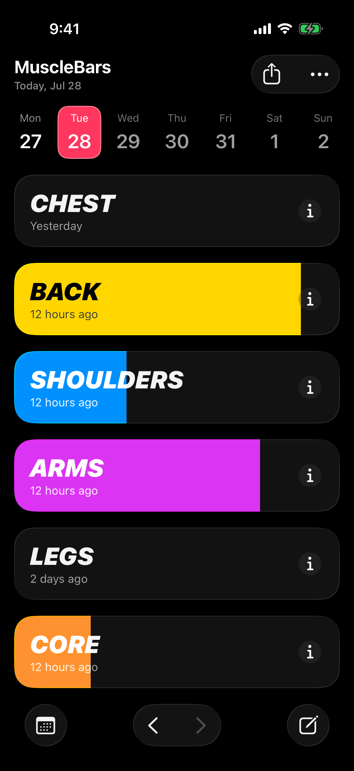 MuscleBars daily muscle group overview in dark mode