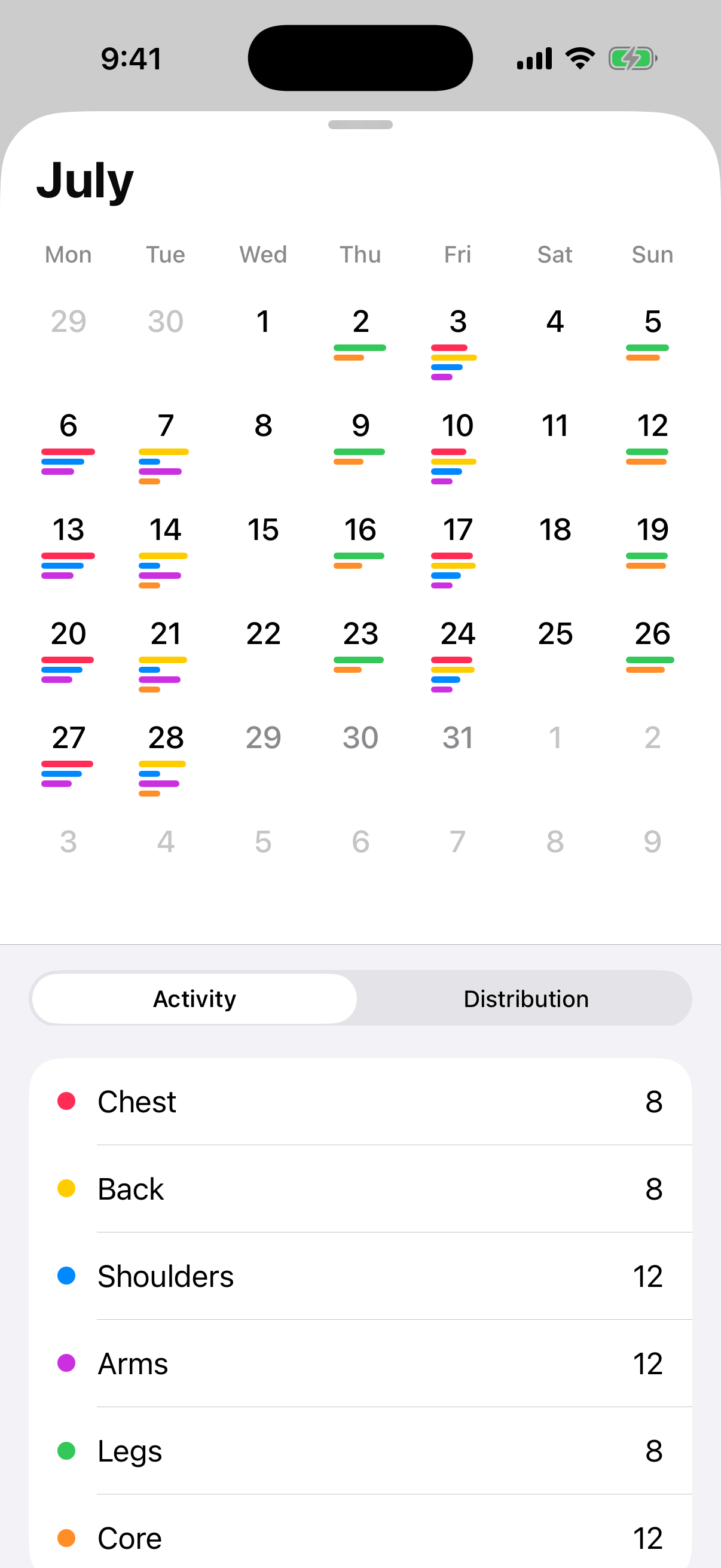 MuscleBars monthly activity view