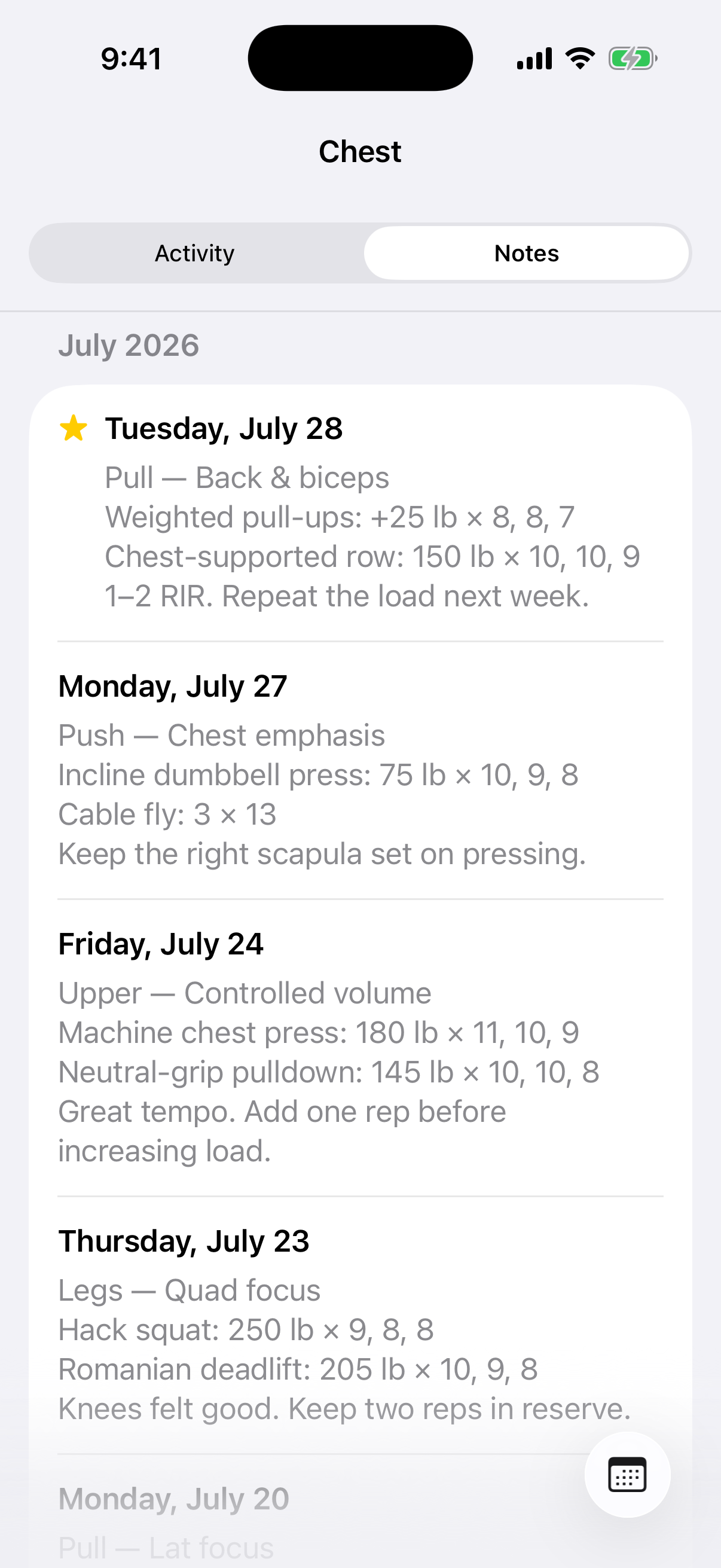 MuscleBars training notes list