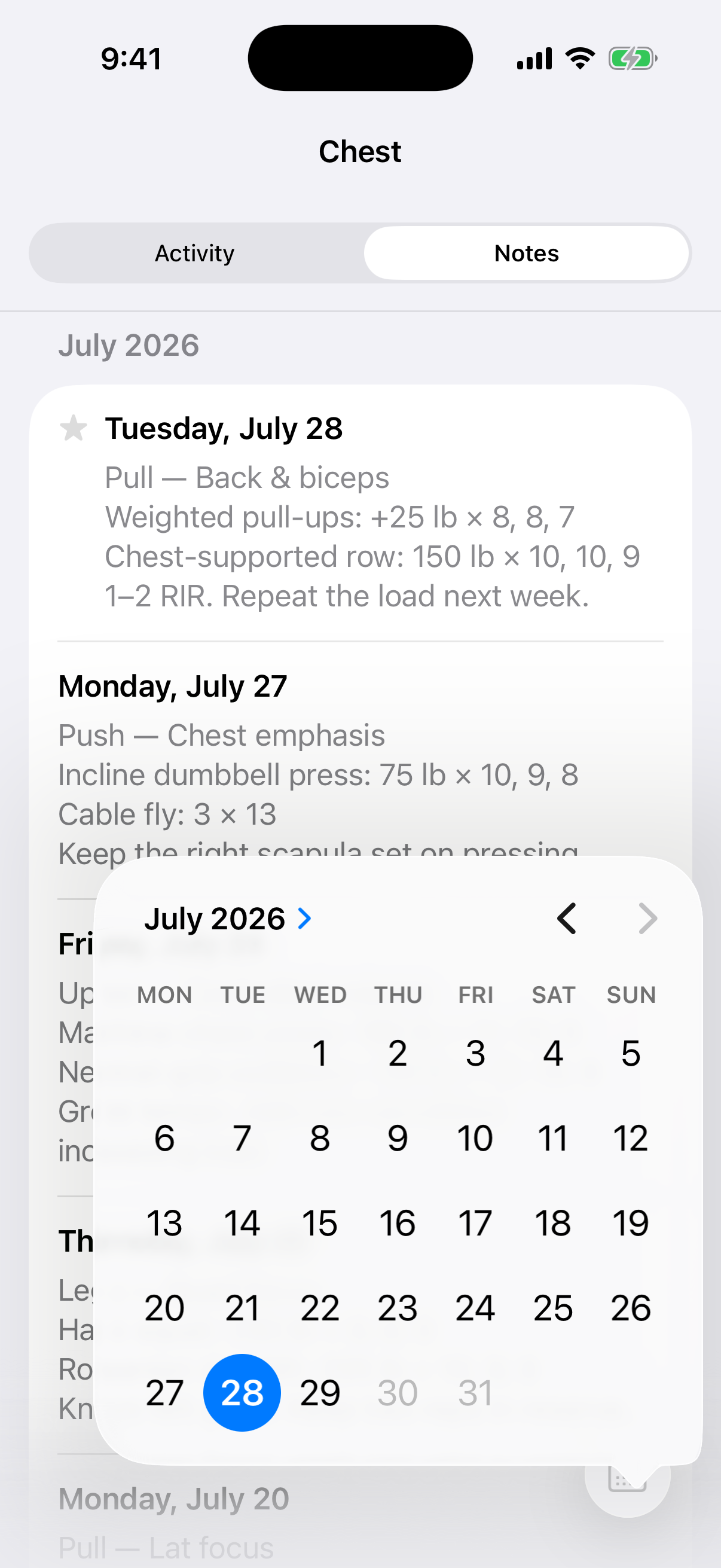 MuscleBars training notes calendar