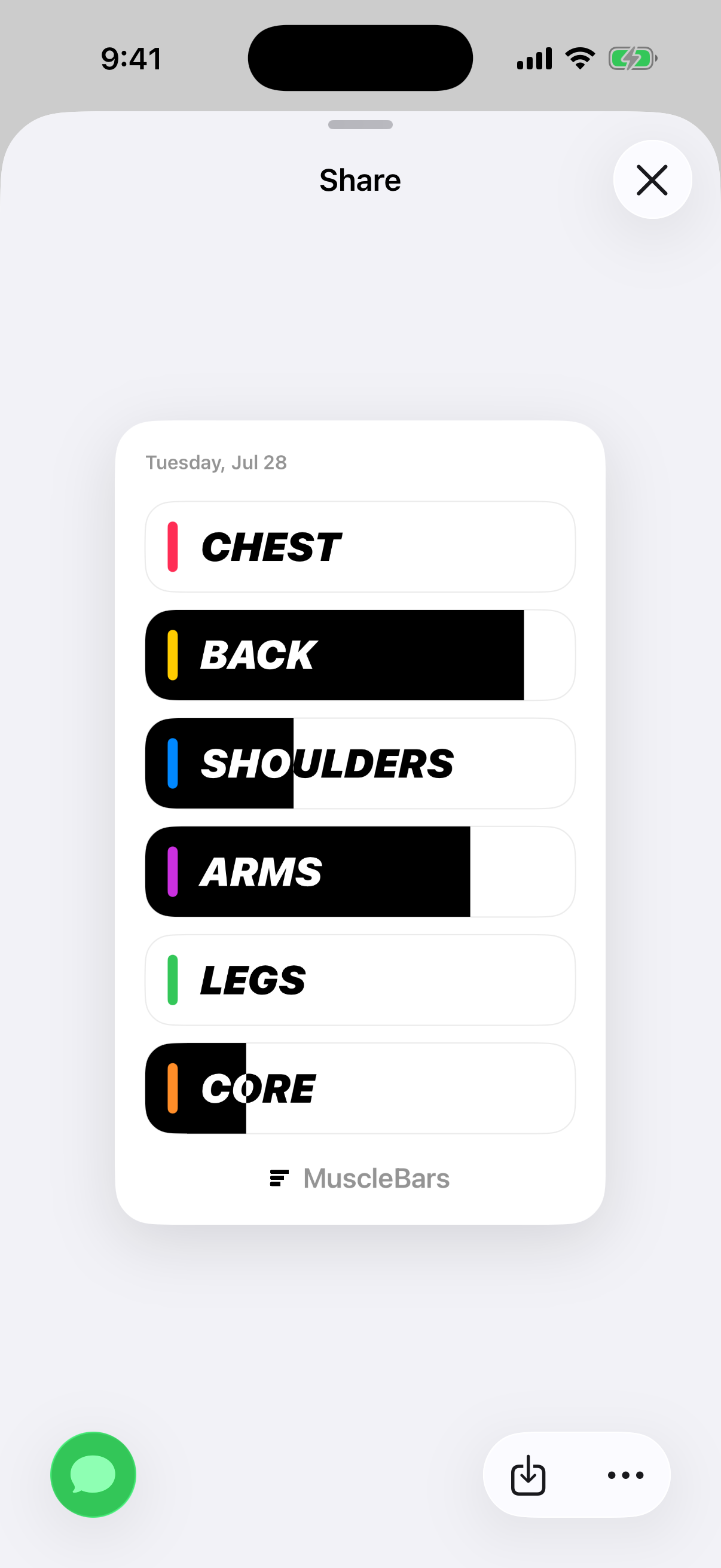 MuscleBars workout recap sharing screen